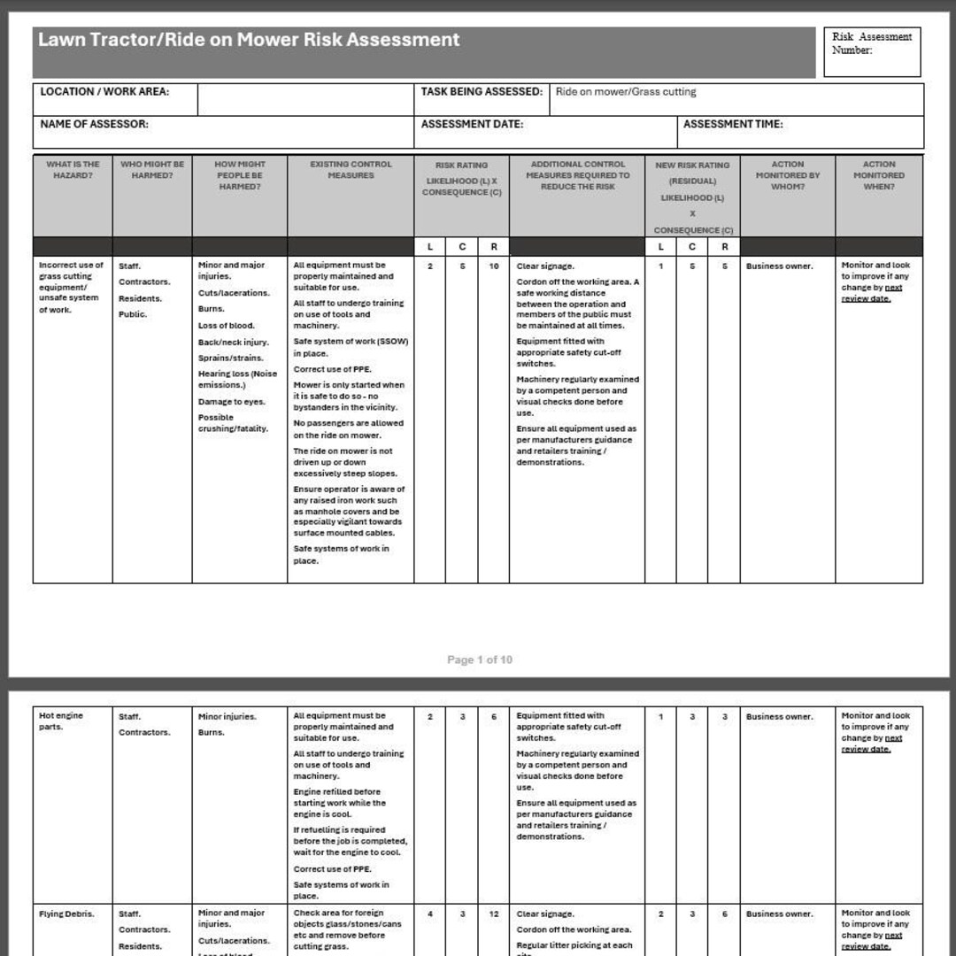 Horse Riding Risk Assessment Example Ride on Lawn Mower Grass Cutting Risk Assessment Editable Word Document ...