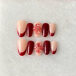 3D Flower Press-On Nails: Deep Red French Tip, Korean Inspired (10PC Set)