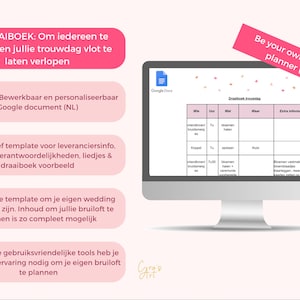 Może przedstawiać: R&oacute;żowo-biała grafika z listą funkcji dla szablonu planera ślubnego. Grafika zawiera tekst "Be your own wedding planner (DIY!)" oraz zrzut ekranu arkusza kalkulacyjnego Google Docs zatytułowanego "Draaiboek Trouwdag" z kolumnami dla "Wie", "Uur", "Wat", "Waar" i "Dodatkowe informacje".