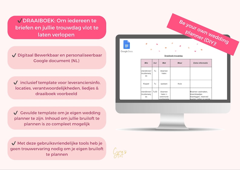 Może przedstawiać: R&oacute;żowo-biała grafika z listą funkcji dla szablonu planera ślubnego. Grafika zawiera tekst "Be your own wedding planner (DIY!)" oraz zrzut ekranu arkusza kalkulacyjnego Google Docs zatytułowanego "Draaiboek Trouwdag" z kolumnami dla "Wie", "Uur", "Wat", "Waar" i "Dodatkowe informacje".
