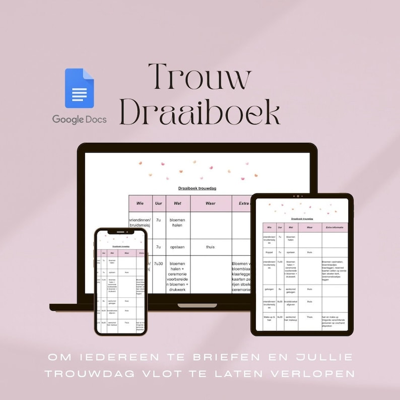 Może przedstawiać: Szablon cyfrowego planera na dzień ślubu, z tekstem "Trouw Draaiboek" (holenderskie dla "Scenariusz ślubu") u g&oacute;ry. Szablon jest podzielony na kolumny dla czasu, kto, co, gdzie i dodatkowe notatki.