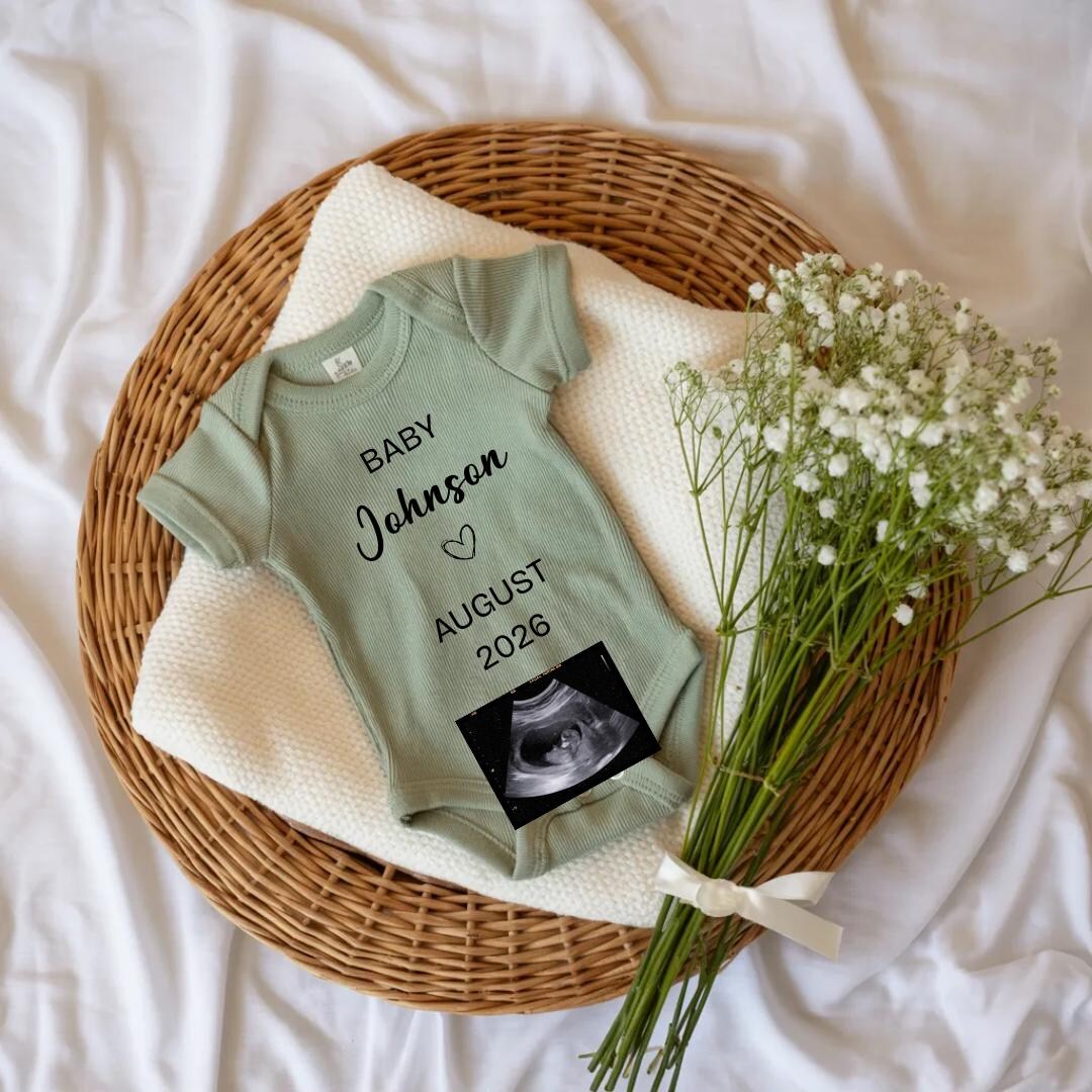 Neutral Minimal Pregnancy Announcement Digital, Sage Green Baby Reveal ...