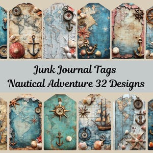 Junk Journal Nautical Adventure Tags, Printable Digital Tags, Ephemera, Junk Journal Supplies, Gift Tags, ATC Art, Collage Sheets, Download