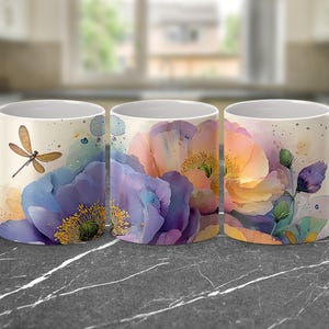 Floral Dragonfly Mug Wrap, 11 oz Mug Sublimation, Flower Mug Design, Dragonfly Mug Wrap, Watercolor Floral Design, Digital Download