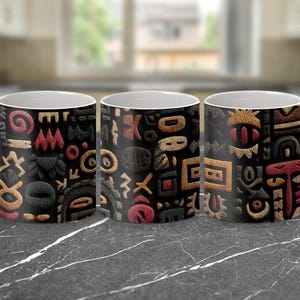 May include: Three white ceramic mugs with a black background featuring a repeating pattern of abstract shapes in red, tan, and brown. The mugs have white handles and are displayed on a dark gray surface.