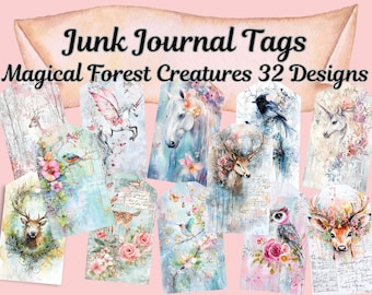 May include: A set of 32 printable junk journal tags featuring magical forest creatures. The tags are in a watercolor style with a light blue background and feature images of unicorns, deer, owls, birds, and flowers.
