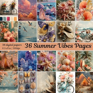 Summer Vibes Digital Paper Pack, 8.5x11 Digital Backgrounds, Beach Floral Crystals, Butterfly Tent Bike Clipart, 300dpi Printable