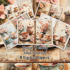 Floral Teacup Junk Journal Pages, Digital Scrapbook Kit, Flower Printable, Vintage Ephemera