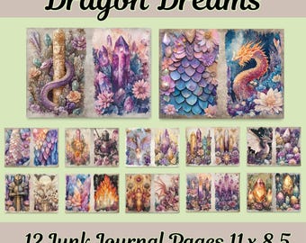 May include: Twelve digital printable pages featuring a whimsical dragon theme with crystals, scales, and flowers in shades of purple, pink, blue, and gold. The pages are 11 inches by 8.5 inches and are perfect for junk journaling.