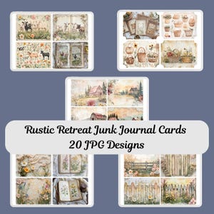 Rustieke retraite ongewenste dagboekkaarten, aquarel huisjes, houten hekken, glooiende heuvels, rieten manden, boerderijdieren, scrapbooking JPG-ontwerpen