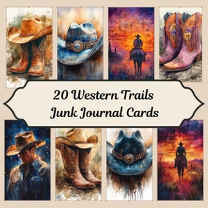 Western Trails Junk Journal Cards, Cowboy Boots & Hats, Rustic Western Ephemera, Digital Scrapbook Printables, Country Rodeo Collage