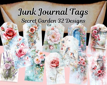 Secret Garden Junk Journal Tags, Printable Floral Ephemera, Vintage Garden Scrapbooking Supplies, Gift Tags for DIY Crafts and Journals