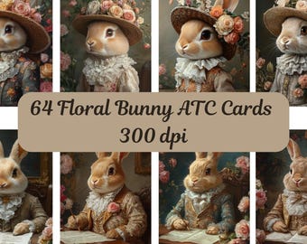 64 Floral Bunny Digital ATC Cards, Printable Vintage Rabbit Junk Journal Tags, Easter Botanical Art Ephemera, Decoupage Spring Kit