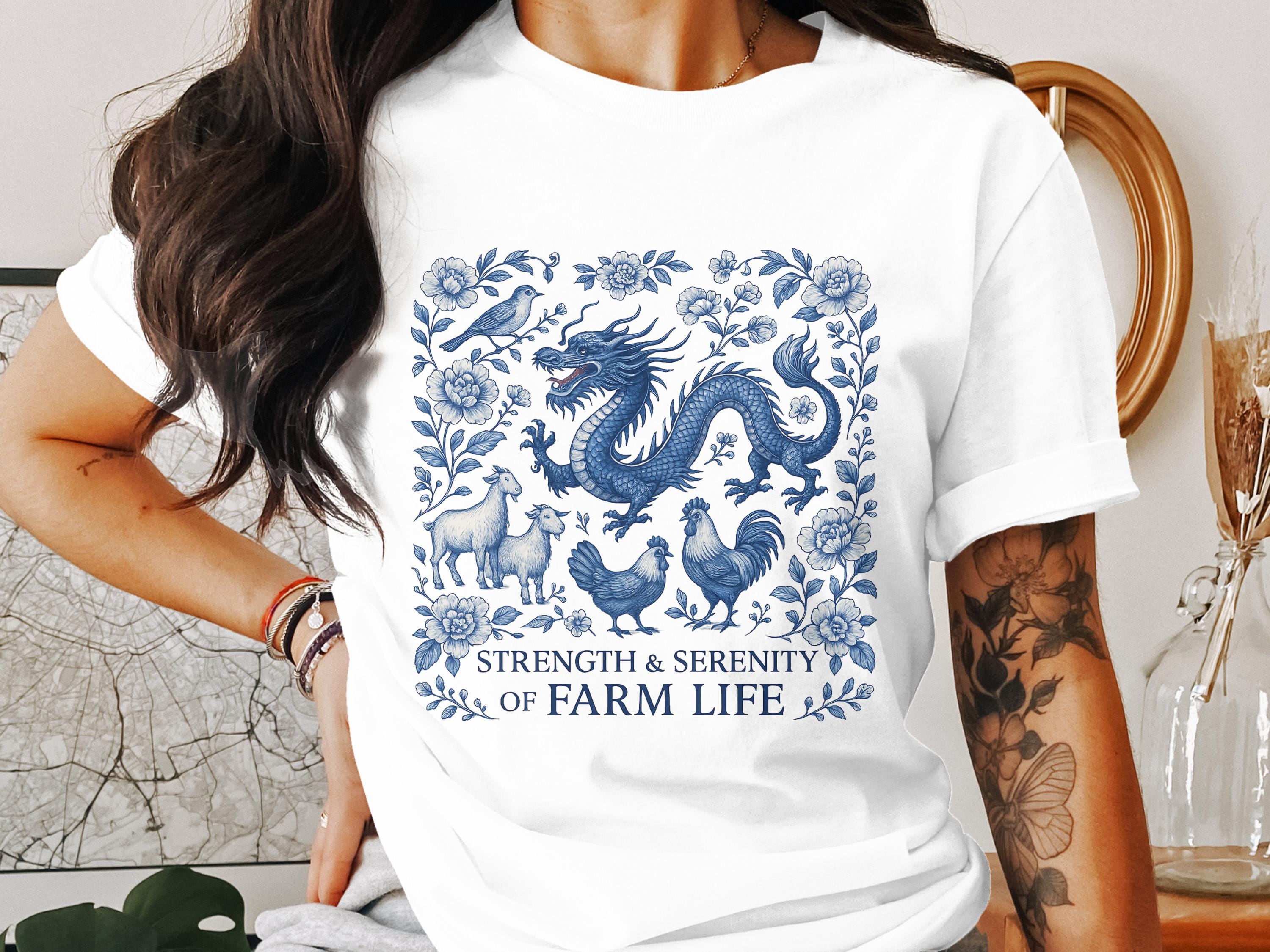 Dragon Farm Life Sublimation, Chinese Zodiac PNG, Rooster Goat Bird Design, Floral Illustration, 300 DPI Transparent PNG