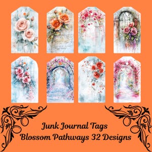 Op de afbeelding: Een set van 8 aquarel junk journal tags met bloemmotieven met rozen en bogen. De tags zijn getiteld "Blossom Pathways 32 Designs".