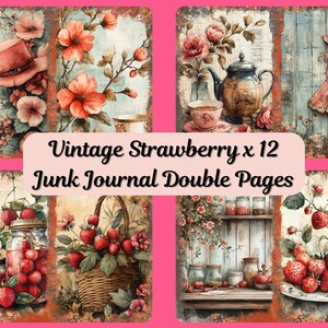 Diario vintage retrò con fragole, kit per scrapbooking fatto a mano, pagine di download digitale, carta decorativa