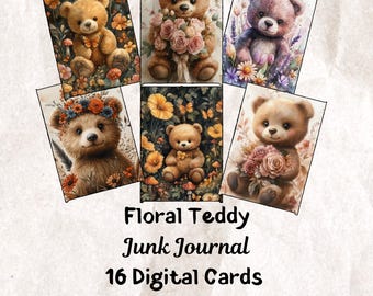 Floral Teddy Junk Journal Cards, Flower Bears, Scrapbook Papers, Instant Download
