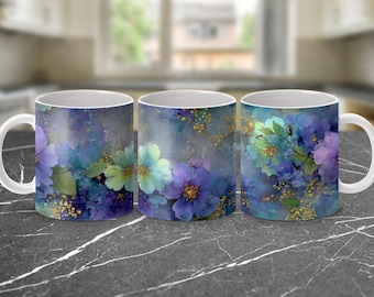 Purple Floral Mug Wrap, Watercolor Flower 11 oz Mug Wrap Design, Purple Flower Mug, Elegant Mug Wrap, Floral Sublimation, Digital Download