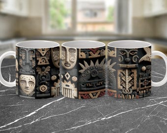 Azteken-Tribalbecherverpackung, Stammesgesicht 11 Unzen Becher, alte Zivilisationskunst, Maya-Maskensublimationsdesigns, kulturelle Becherverpackung, digitaler Download