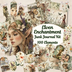 Kit de journal indésirable enchantement elfique aquarelle, dessins elfes et botaniques, scrapbooking, téléchargements numériques, étiquettes et cartes éphémères