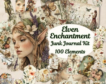 May include: A digital junk journal kit with 100 elements featuring whimsical illustrations of fairies, flowers, and nature scenes. The kit includes tags, papers, and other decorative elements in a vintage style.