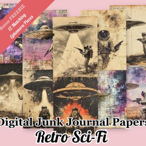 Platillo volador de la era atómica, 12 hojas, descarga digital imprimible, papel de diario basura de ciencia ficción retro, archivo PNG instantáneo