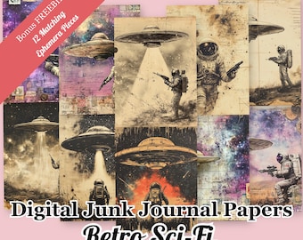 Atomic Age Flying Saucer, 12 Sheets, Printable Digital Download, Retro Sci-Fi Junk Journal Papers PNG Instant File