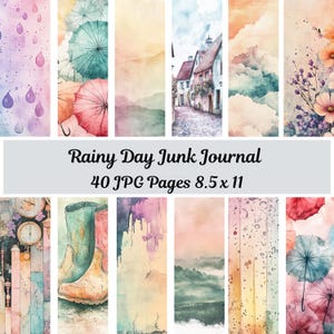 Watercolor Vintage Rainy Day Background, Junk Journal JPG, Pastel Umbrella Scrapbooking, Rustic Boots Digital Collage, Instant Download