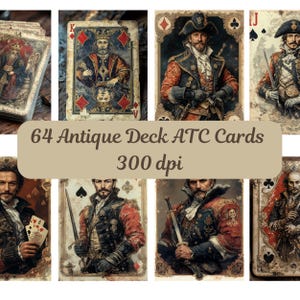 Könnte beinhalten: Ein Set mit 64 antiken Spielkarten mit Illustrationen von Personen in historischen Kostümen. Die Karten sind im Vintage-Stil gestaltet und haben einen abgenutzten, gealterten Look. Der Text "64 Antique Deck ATC Cards 300 dpi" ist auf den Karten gedruckt.