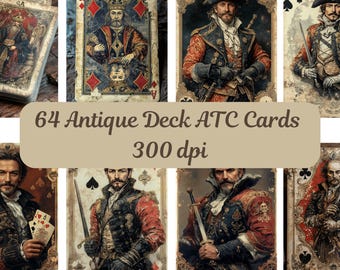 64 Antique Deck ATC Cards, Vintage Playing Card Ephemera, Junk Journal Queens & Jokers, Gothic Tarot Mini Papers, Printable Fussy Cuts