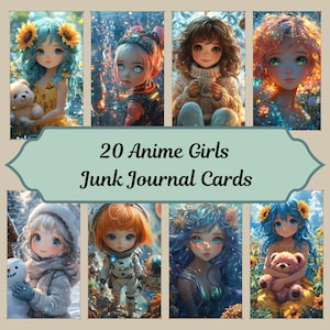 Anime Girls Junk Journal Cards, Kawaii Digital Ephemera, Cute Anime Aesthetic, Scrapbook Printables, Pastel Fantasy Art, Instant Download