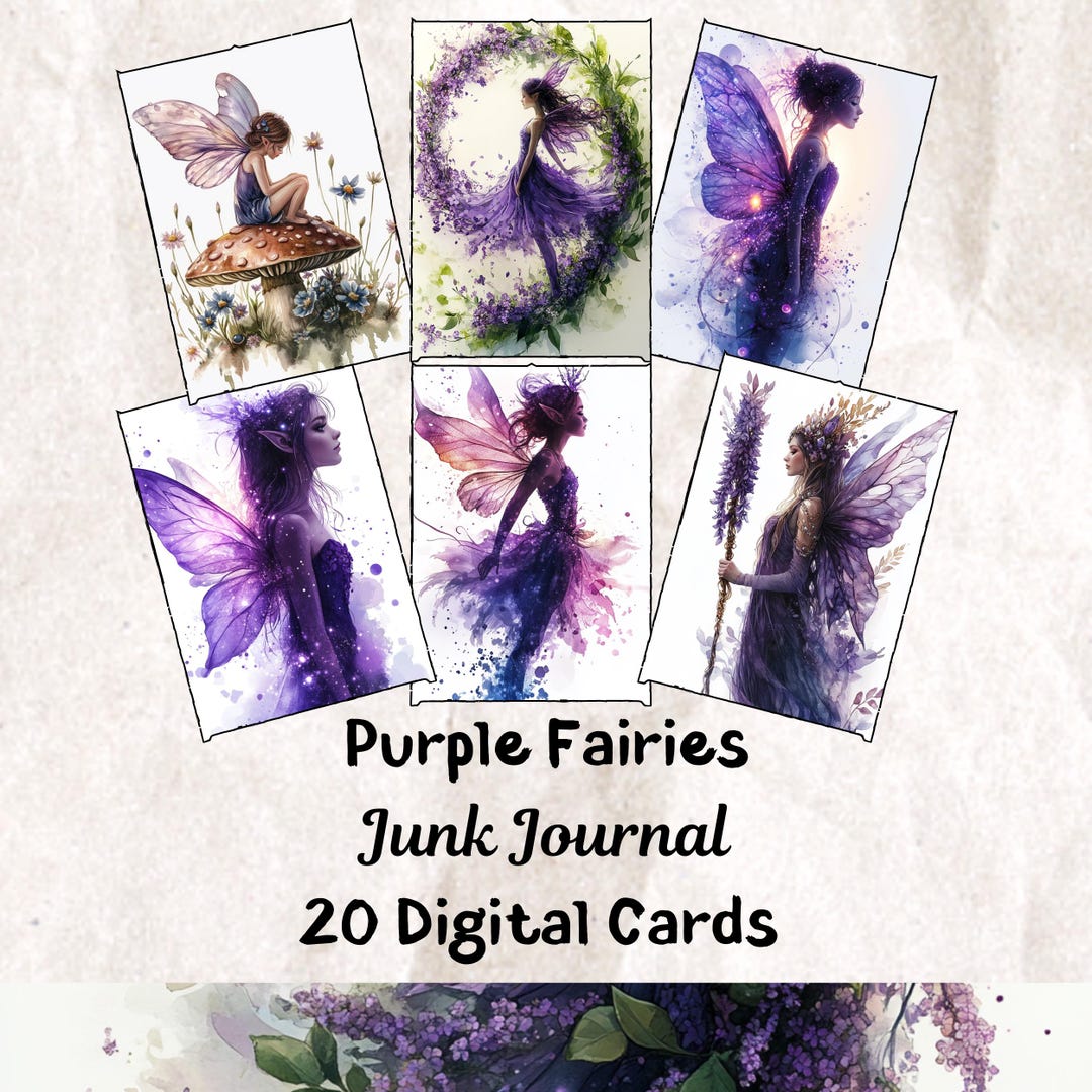 Purple Fairy Junk Journal Ephemera Cards, 20 Digital Printable Cards ...