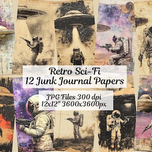 Carta da giornale di fantascienza riciclata - 12 disegni JPG con dischi volanti, astronauti, arte spaziale retrò, download immediato, uso commerciale