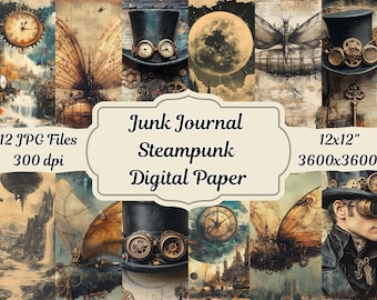 May include: A digital paper pack with 12 steampunk themed images. The images feature gears, clocks, butterflies, and a man wearing a top hat and goggles. The images are 12x12 inches and 3600x3600 pixels.