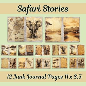 Kit diario Safari: disegni vintage di elefanti, scene di animali selvatici, carte digitali africane, album stampabile, download immediato