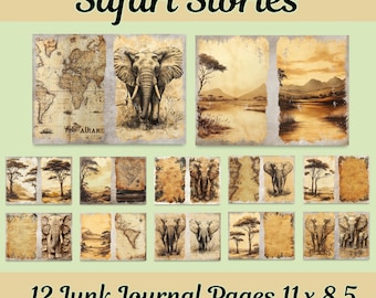Safari Journal Kit – Vintage Elephant Designs, Wildlife Scenes, African Digital Papers, Printable Scrapbook, Instant Download
