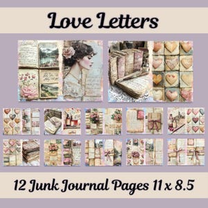 Kit de diario basura con cartas de amor para San Valentín, corazones y rosas imprimibles, descarga digital de material efímero para álbum de recortes, páginas románticas de arte en papel