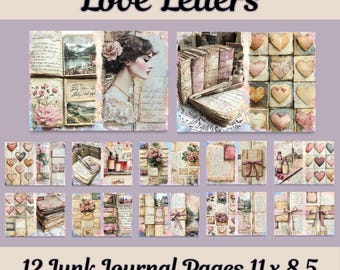 Valentine Love Letters Junk Journal Kit, Printable Hearts and Roses, Digital Download Scrapbook Ephemera, Romantic Paper Art Pages