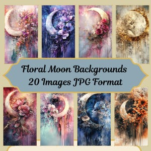 Sfondi per diario floreale con luna, 20 carte digitali con luna crescente acquerellata, pagine di album di ritagli con fiori celesti, download immediato