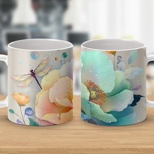 Dragonfly Floral Mug Wrap, Dragonfly 11 oz Mug Sublimation, Flower Mug Design, Watercolor Mug Wrap, Digital Download