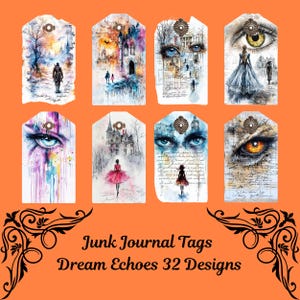 Conjunto de diário Dream Echoes Junk, 32 designs, etiquetas para impressão, itens efêmeros, scrapbooking, mídia mista, download digital, etiquetas para presente