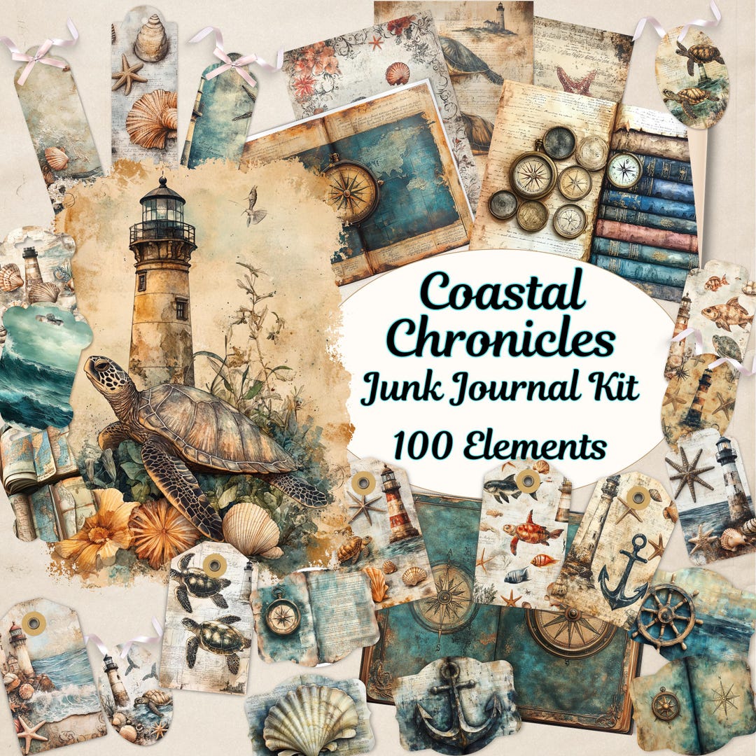 Vintage Coastal Junk Journal Kit, Watercolor Ocean Pages, Dark Seaside ...