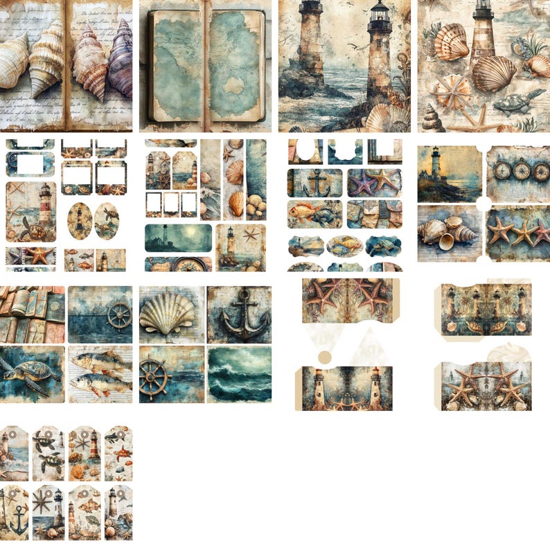 Vintage Coastal Junk Journal Kit, Watercolor Ocean Pages, Dark Seaside ...