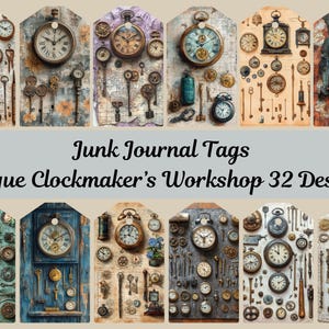 Peut inclure: Trente-deux étiquettes imprimables pour journal de rebut avec des motifs d'atelier d'horloger antique. Les étiquettes sont de style vintage avec divers cadrans d'horloge, clés et autres outils d'horlogerie.