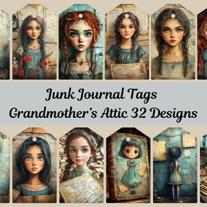 Étiquettes de journal indésirable grenier de grand-mère - objets éphémères nostalgiques, portraits vintage et notes manuscrites, étiquettes cadeaux imprimables, collage d'art ATC