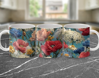 Spring Floral Mug Wrap, 11oz Mug Wrap PNG, Spring Flower Design, Poppy Cornflower Mug Design, Colorful Flowers, Digital Download