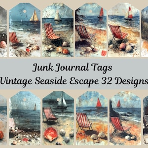Junk Journal Vintage Seaside Escape Tags, Printable Digital Tags, Ephemera, Junk Journal Supplies, Gift Tags, ATC Art, Collage Sheets