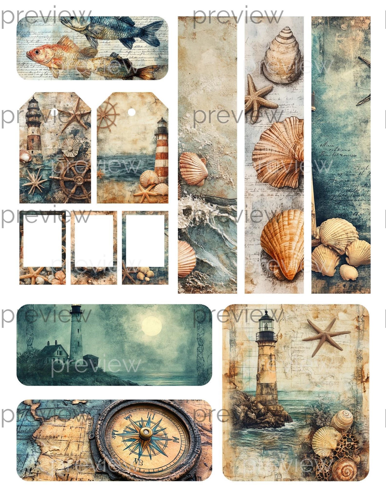 Vintage Coastal Junk Journal Kit, Watercolor Ocean Pages, Dark Seaside ...