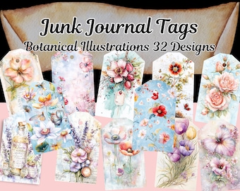 Botanical Junk Journal Tags – Vintage Floral Printables, Ephemera for Scrapbooking, Gift Tags, ATC Collage Sheets, Instant Download