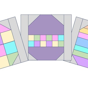 Peut inclure: Trois motifs de blocs de courtepointe différents avec un schéma de couleurs pastel. Les blocs sont composés de carrés et de triangles dans des tons de rose, bleu, vert et jaune. Les blocs sont entourés d'une bordure grise.